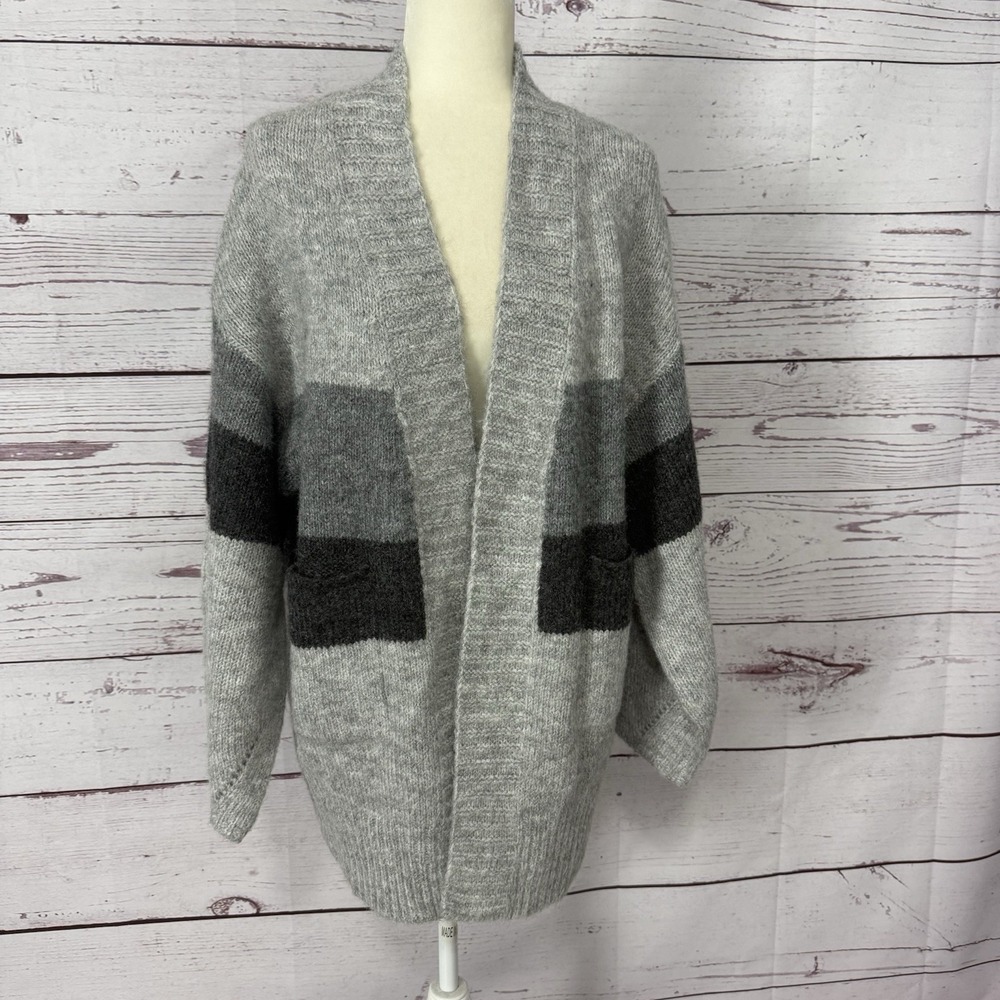 POl Colorblock Cardigan Womens M Gray Open Front 3/4 Sleeve Cozy Knit Sweater